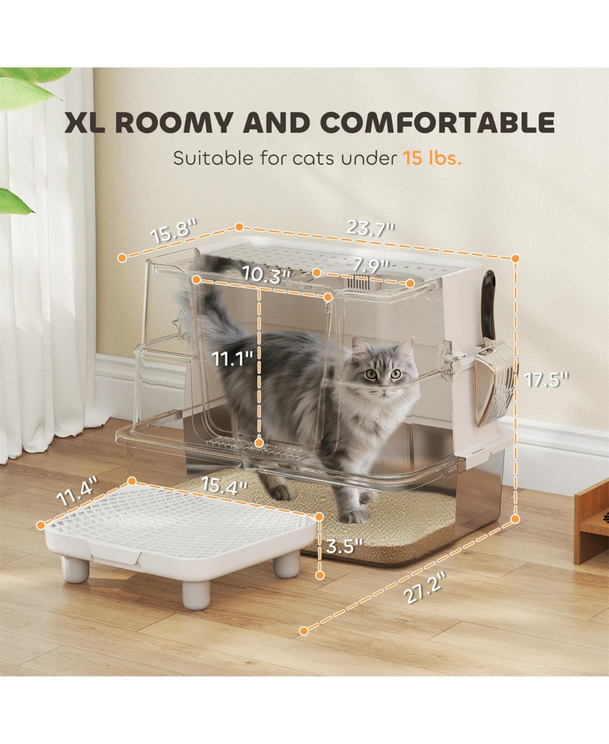 Zeus and Ruta Xl Stainless Steel Litter Box 100D Flip Top Scoop Step TopSide Entry Enclosed Big Cat