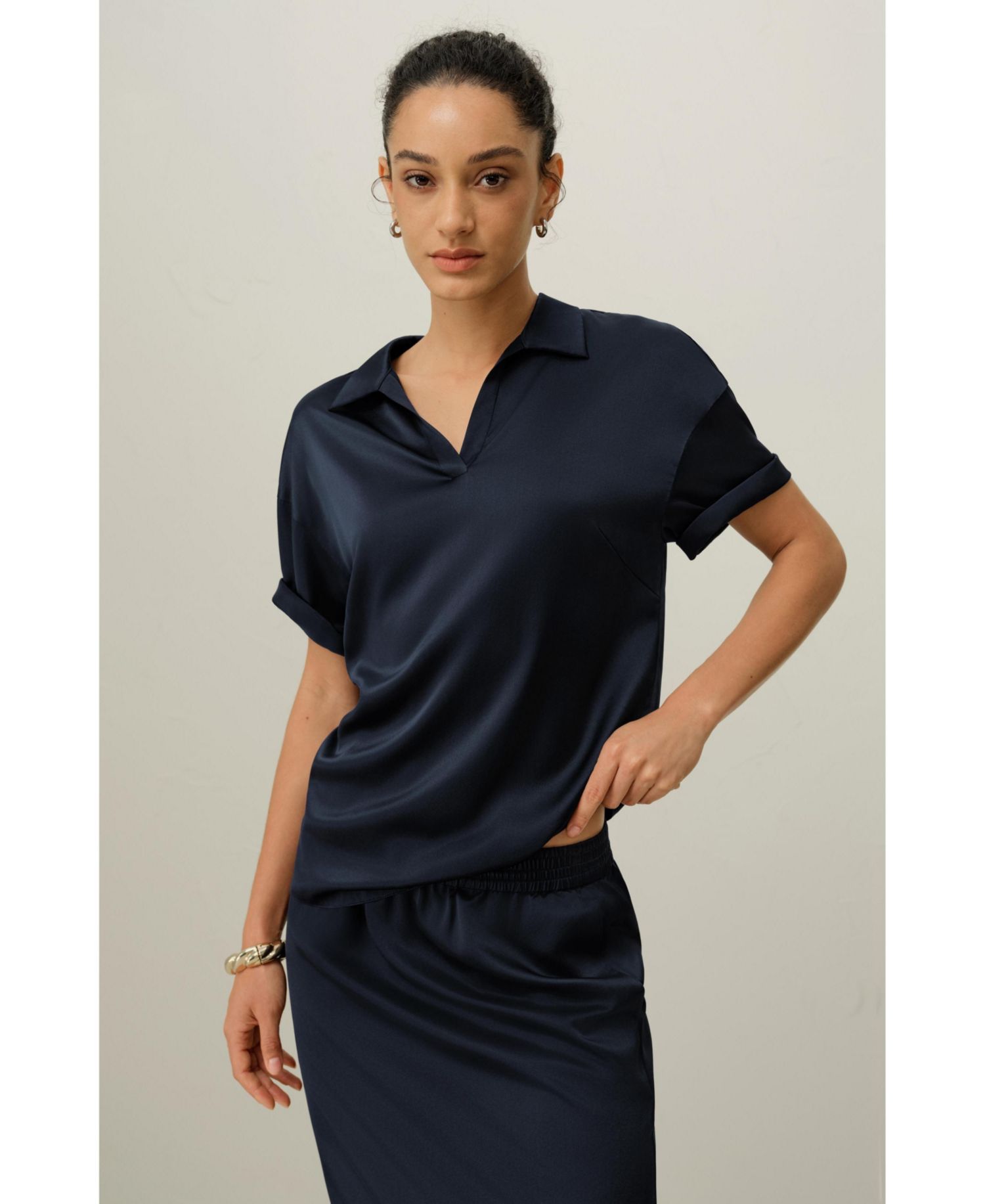 Women's Washable Silk Charmeuse Polo Top