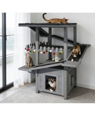 Zeus and Ruta 4 Tiers Outdoor Cat House Weatherproof Tree Tower With Waterproof Roof 2 Doors Multi Level Play