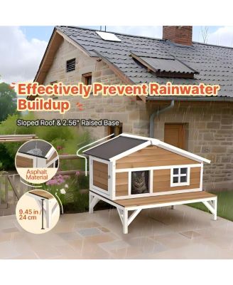 Zeus and Ruta Wooden Insulated Cat House Elevated Winter Shelter With Large Platform Waterproof Outdoor Condo