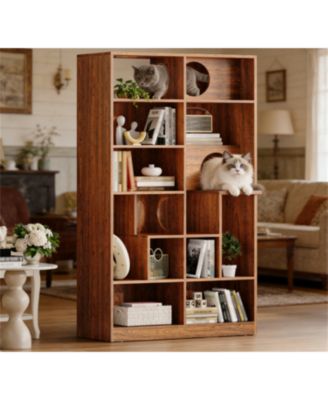 Zeus and Ruta Modern 2 In 1 Wood Cat Tree Bookshelf House With Storage Display Case And Litter Box Enclosure