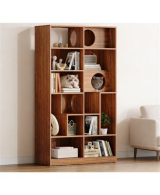 Zeus and Ruta Modern 2 In 1 Wood Cat Tree Bookshelf House With Storage Display Case And Litter Box Enclosure