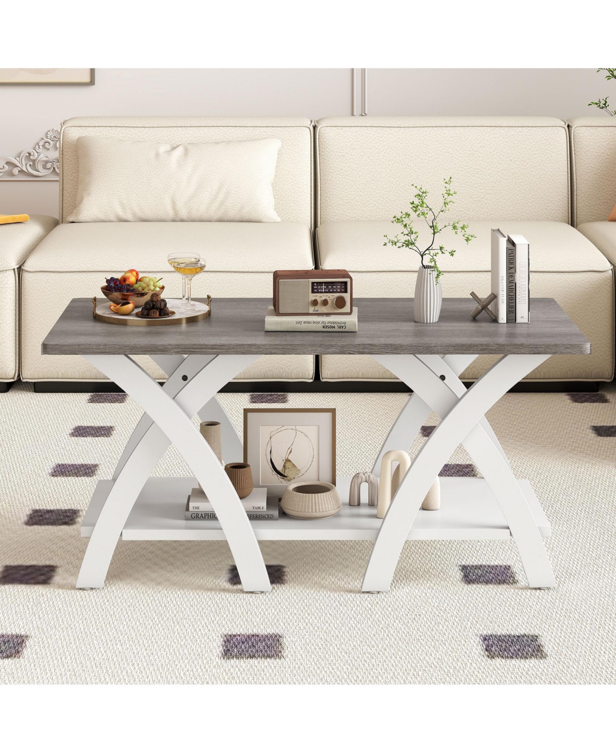 Slickblue Coffee Table with X Legs Farmhouse Storage Shelf