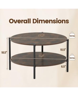 2-Tier Industrial Round Coffee Table, Accent Table with Open Storage Shelf-Rustic