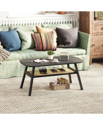 Rectangular Coffee Table 2 Tier Rattan Shelf Rubber Wood Legs