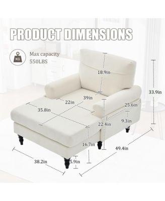 Oversized Chaise Lounge Chair, Chenille Leisure Recliner Single Sofa with Wooden Legs and Side Pockets for Living Room, Bedroom