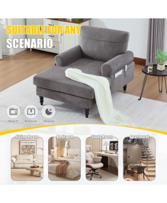 Oversized Chenille Chaise Lounge, Leisure Recliner Sofa with Wooden Legs and Side Pockets for Living Room, Bedroom