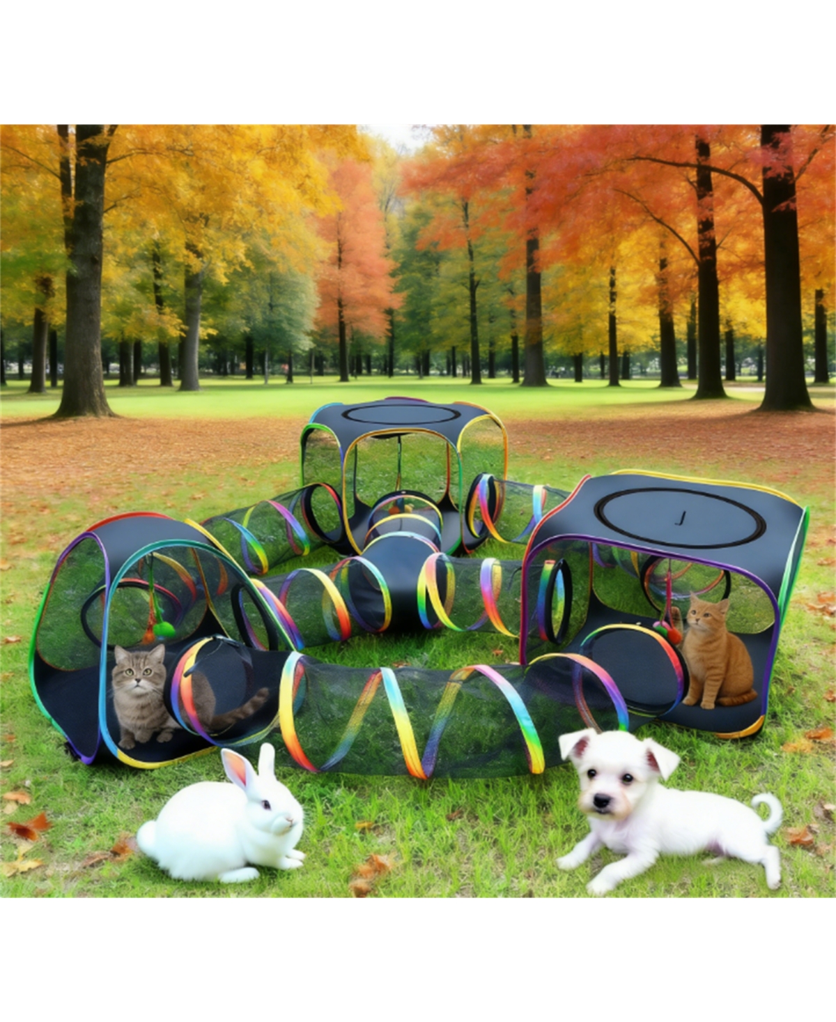 Zeus and Ruta Portable Cat Enclosure 7-in-1 Outdoor Catio Tent Tunnel Foldable Playpen Indoor Storage Bag Rainbow