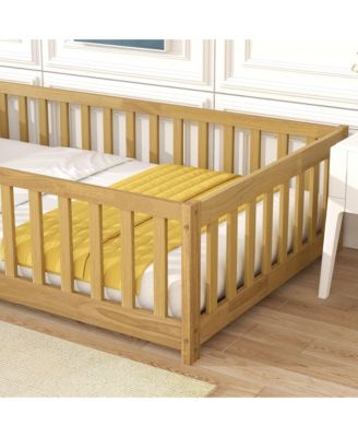 Twin Size Floor Bed with Fence and Door,Rubber Wood Floor Bed with Safety Guardrails