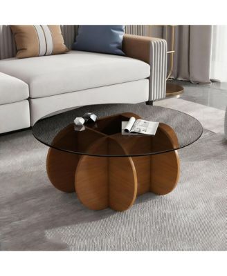 Modern Round Coffee Table - Tempered Glass Tabletop, Solid Wood Frame, Mid Century Center Table for Living Room