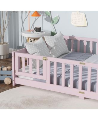 Full Size Floor Bed with Fence and Door,Rubber Wood Floor Bed with Safety Guardrails