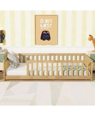 Twin Size Floor Bed with Fence without Door, Rubber Wood Floor Bed with Safety Guardrails