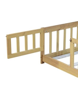 Full Size Floor Bed with Fence and Door,Rubber Wood Floor Bed with Safety Guardrails