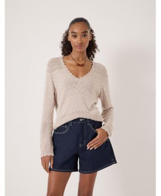Women's Pointelle Cotton V-Neck Sweater