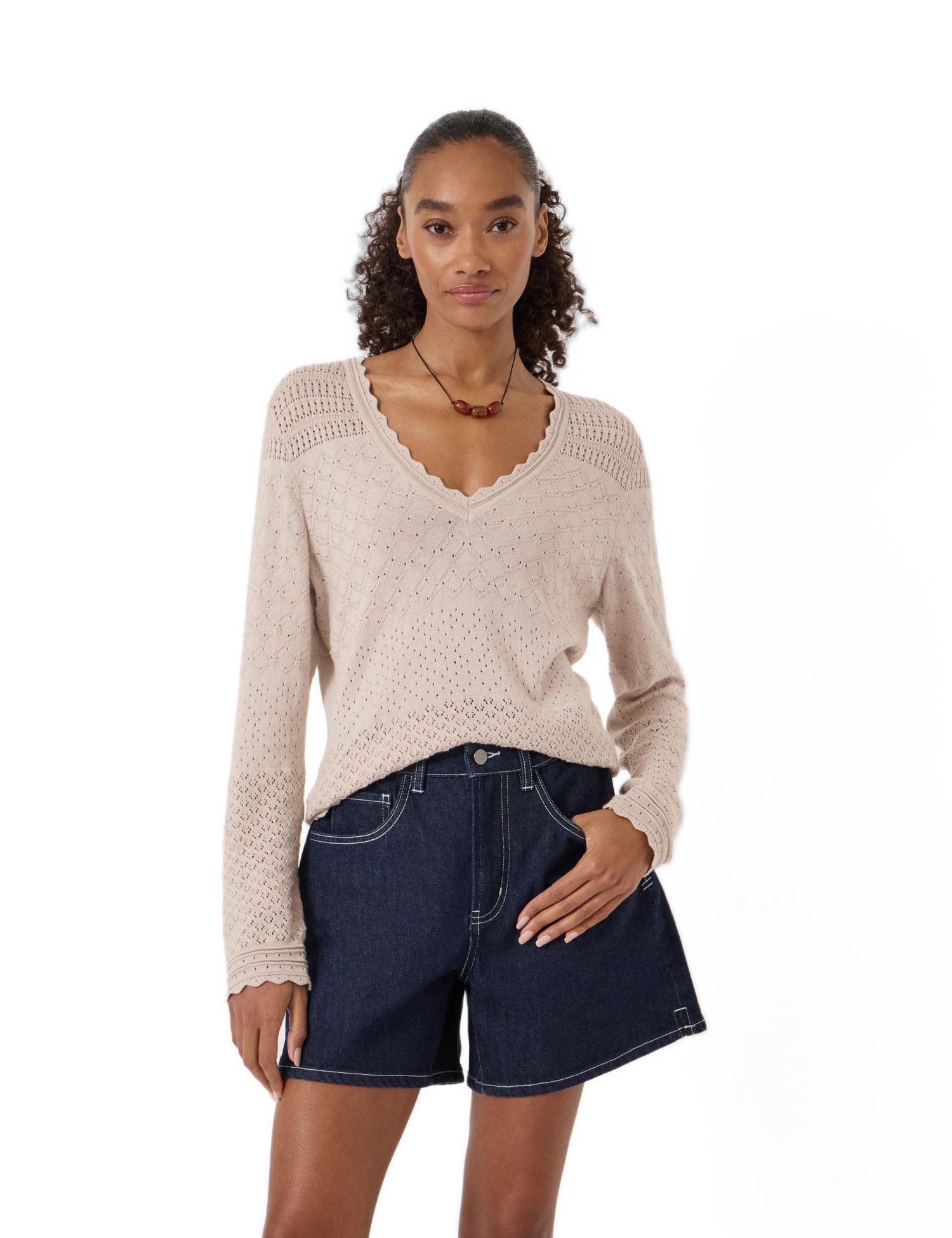 Women's Pointelle Cotton V-Neck Sweater