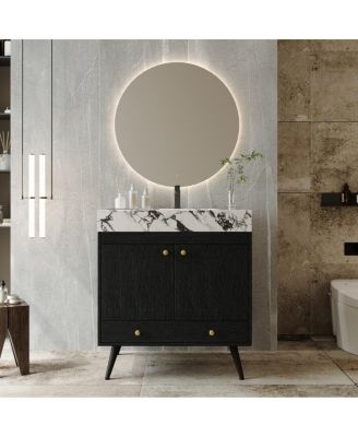 30" Freestanding Bathroom Vanity with Walnut Faux Marble Top, Ceramic Sink, Soft Close Storage for Small Bathrooms