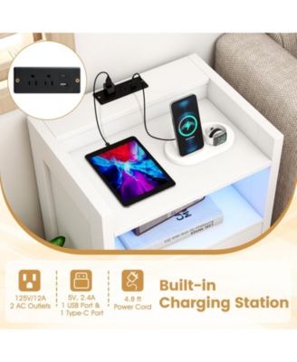 2PCS 23.5'' Nightstand w/LED Lights and Charging Station USB Port and Outlets