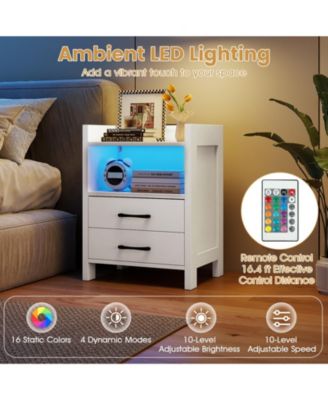 Nightstand w/ LED Lights and Charging Station 23.5'' Smart Bedside Table w/ Drawer and Open Storage Shelf