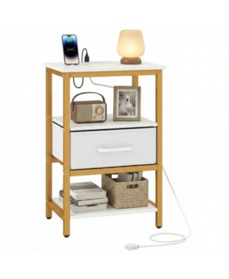 Nightstand w/Charging Station Fabric Drawer and Open Storage Shelves Metal Frame