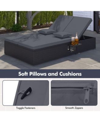 Double Patio Chaise Lounge with 6-Position Backrests and Folding Trays