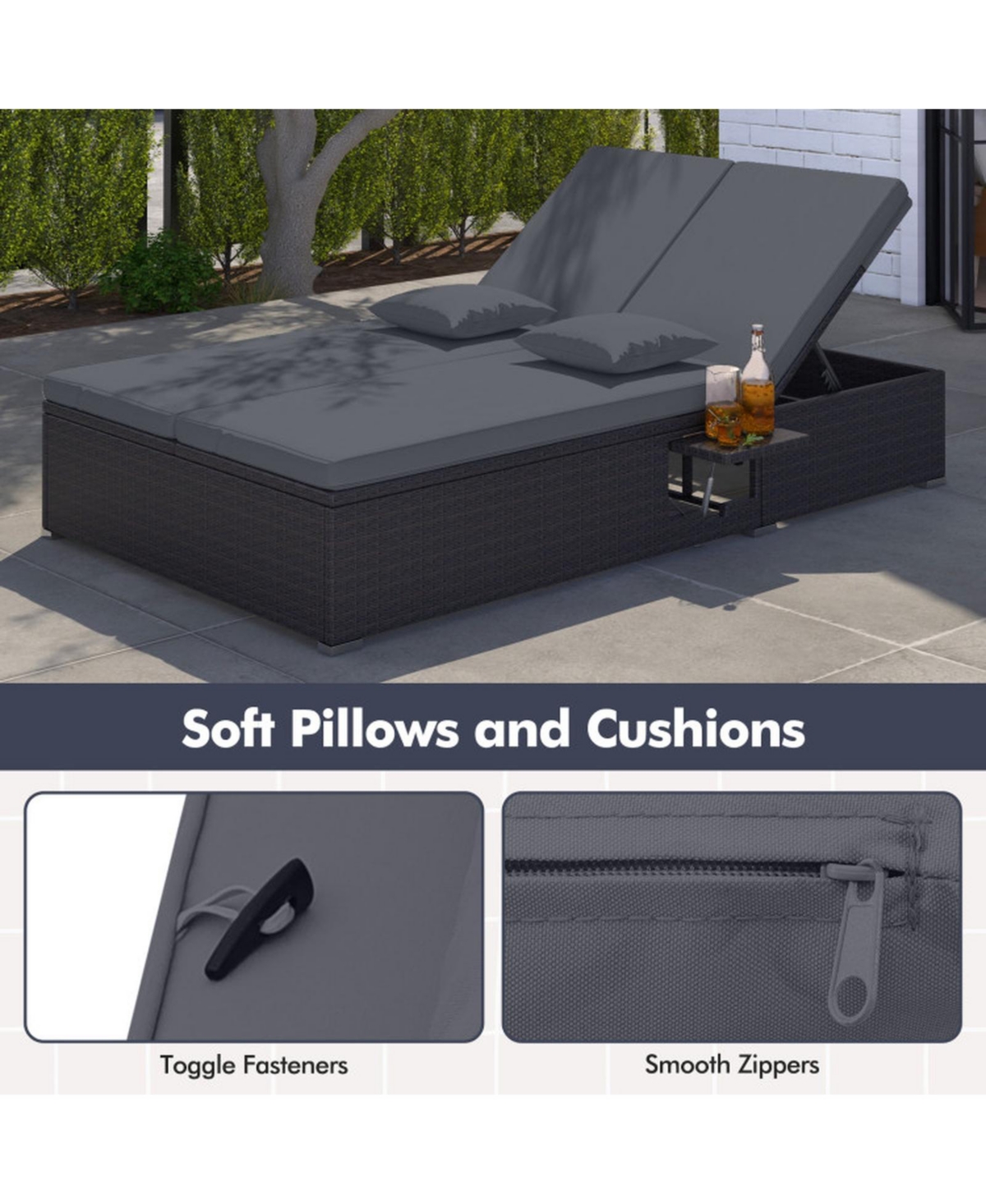 Gouun Double Patio Chaise Lounge with 6-Position Backrests and Folding Trays