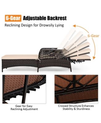 Patio Wicker Chaise Lounge with 6-Position Backrest and Lumbar Pillow