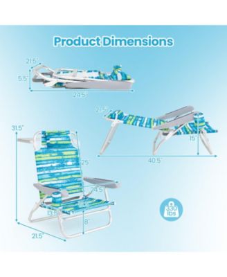 Folding Beach Chair Set of 2 with 5-Position Recline and Head Pillow