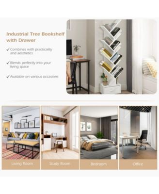 10-Tier Tree-Shaped Bookshelf with Fabric Drawer