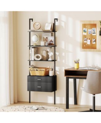 6-Tier Ladder Bookcase with 2 Drawers and Metal Frame