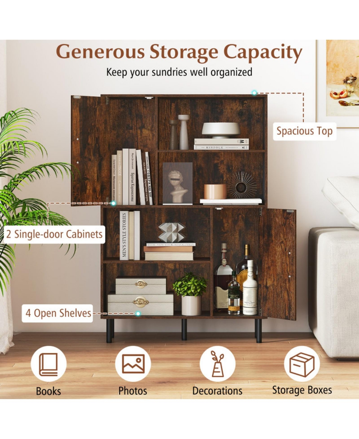 Gouun 47-Inch Storage Cabinet Bookcase with 2 Doors and Open Shelves