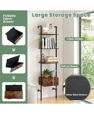 5-Tier Ladder Bookcase with Drawer and Metal Frame