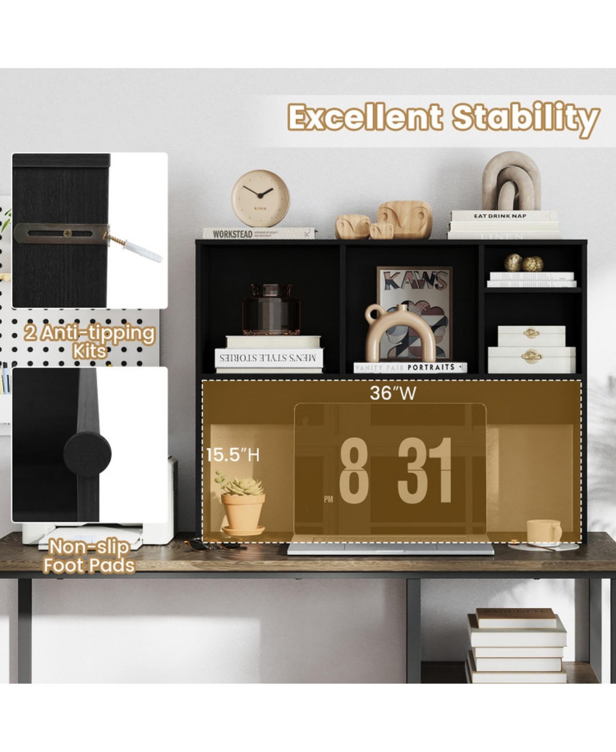 Gouun Desktop Bookcase with 4 Cubbies and Open Back Compartment