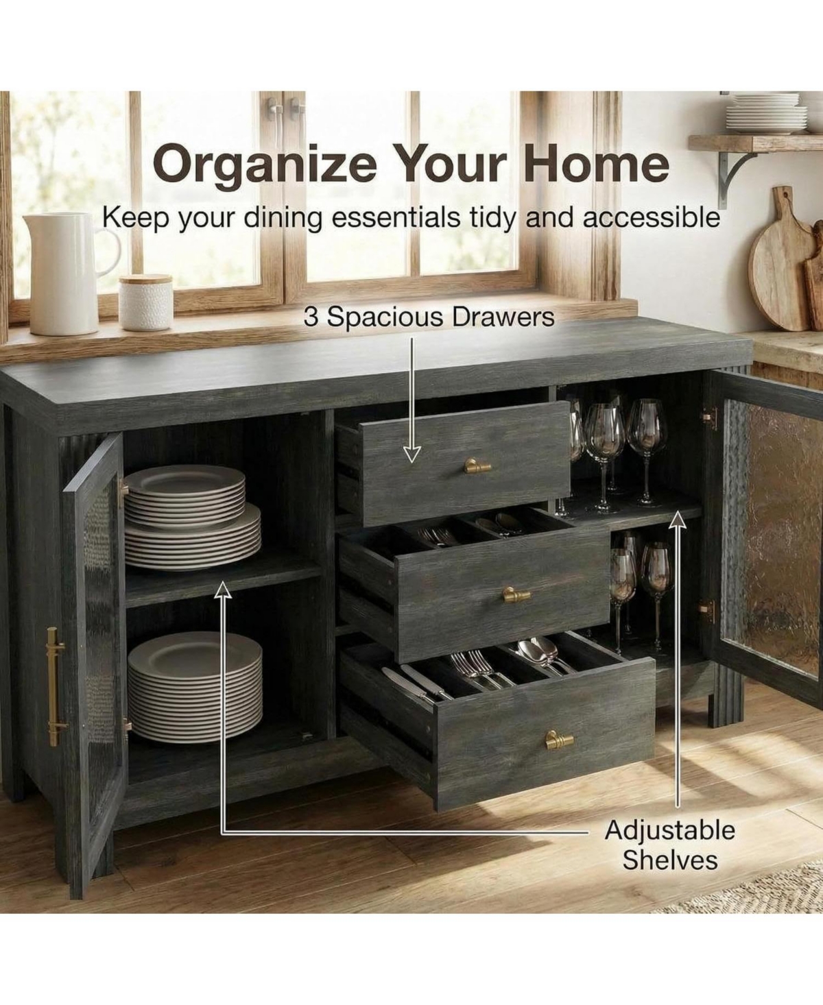 gaomon 54.4" Buffet Sideboard Cabinet, Wood Storage with 2 Glass Doors & 3 Drawers, Coffee Bar & Tv Stand for Living Room, Kitchen