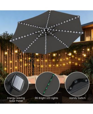 10 ft Solar Offset Umbrella with 96 LED Lights 9 Modes Weighted Base and 360 Rotation