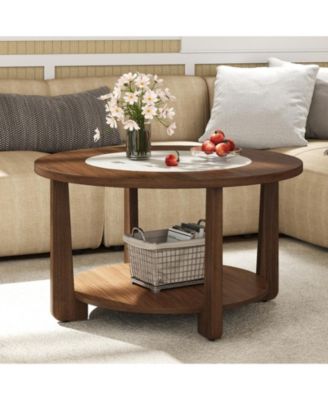 Round Farmhouse Coffee Table 2 Tone Storage Shelf