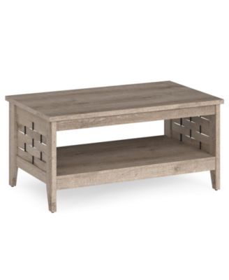 Farmhouse 2-Tier Coffee Table with Open Shelf and Woven Decor for Living Room