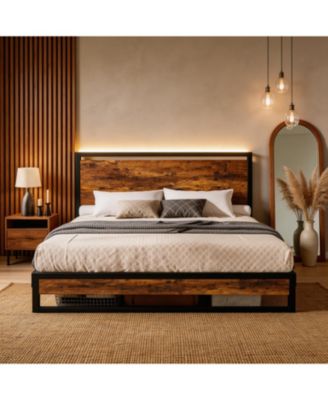 Metal Platform Bed Frame with Wooden Headboard and Footboard, Mattress Foundation, Easy to Assemble