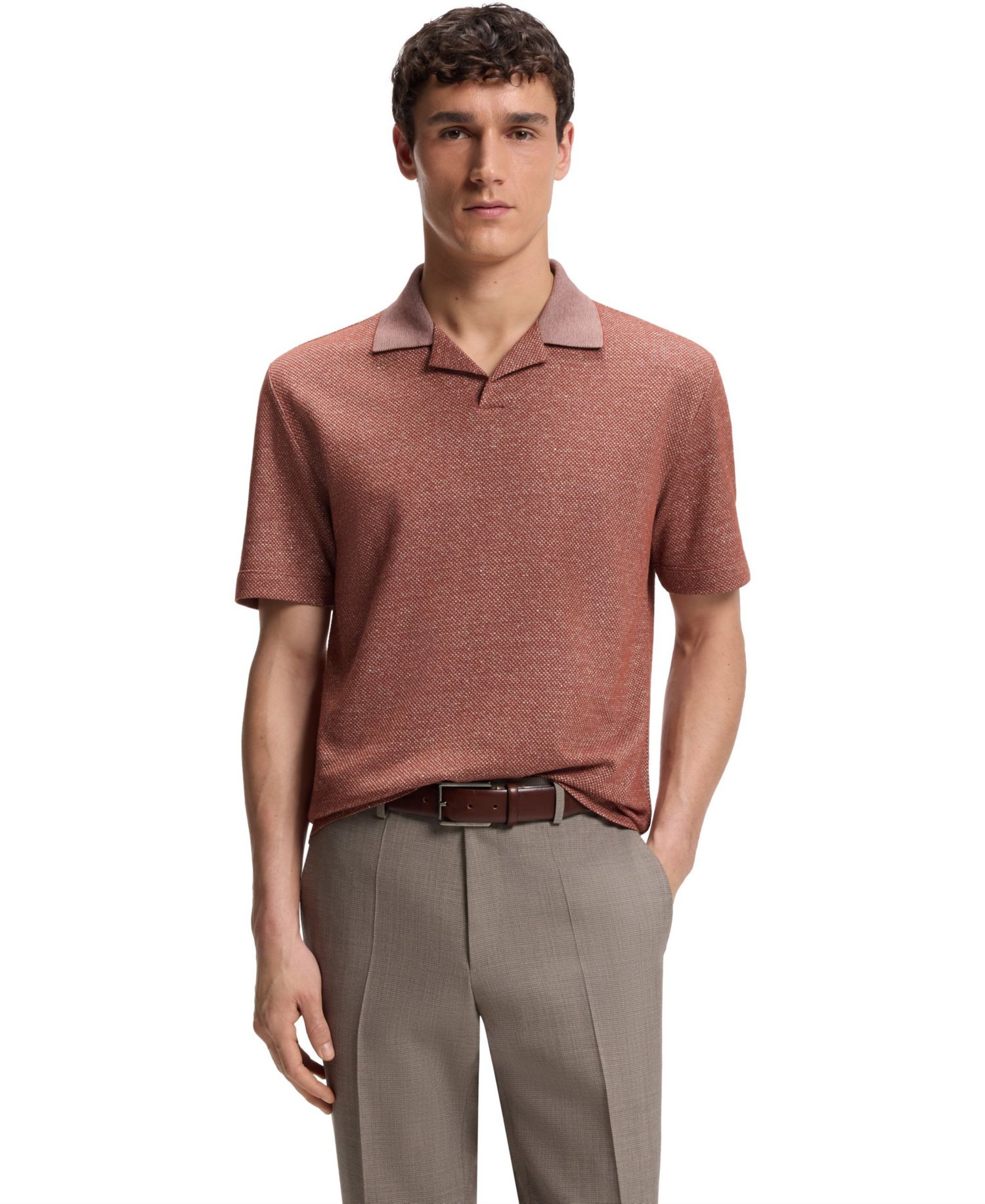 Men's Cotton-Linen-Silk Blend Johnny-Collar Polo Shirt