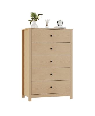 Modern 5 Drawer Wooden Dresser Chest, Tall Cabinet with Deep Storage Drawers, Metal Knobs