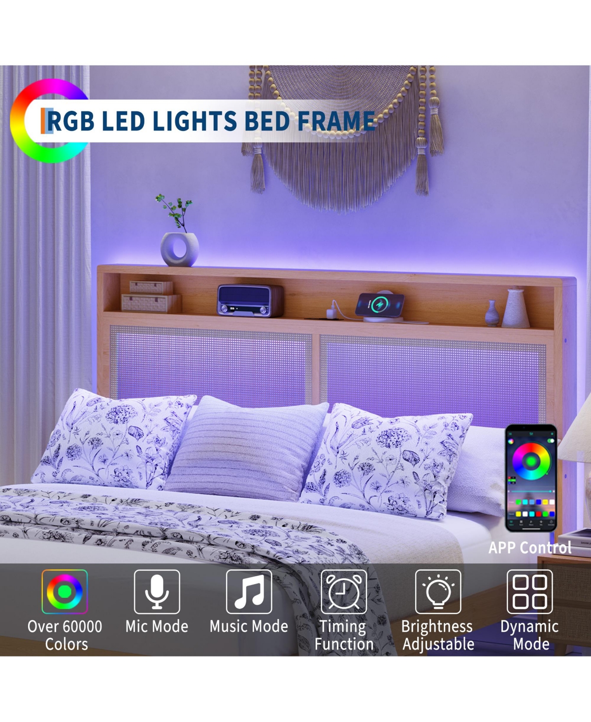 Homfan Bed Frame with Rattan Headboard ,Bohemian Bed Frame with Led Lights and Charging Station