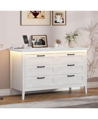 Farmhouse Drawer Dresser with Charging Station and LED Lights, Slim Wooden Bedroom Dresser