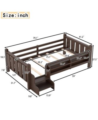 Twin Size Floor Bed with Stairs and Bookcase, Solid Wood Low Profile Bed Frame with Guardrails, Kids Bed for Boys Girls, 350 LBS Capacity