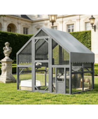 Large Outdoor Cat Enclosure Wooden Shelter with Platforms Resting Box Bridge Waterproof UV Proof Canopy