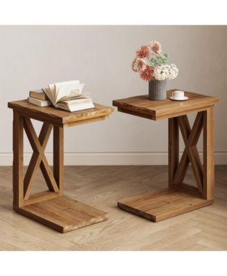 Solid Wood End Table Set of 2, 2-Tier C Shaped Side Table, Solid Wood Sofa Side Table, Simple Nightstand