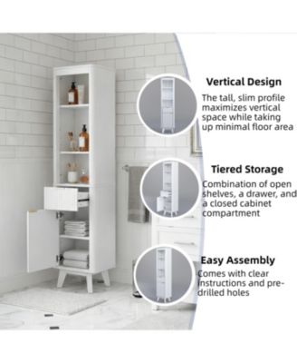 68" Tall White Storage Cabinet with Drawer, Door and Adjustable Shelves