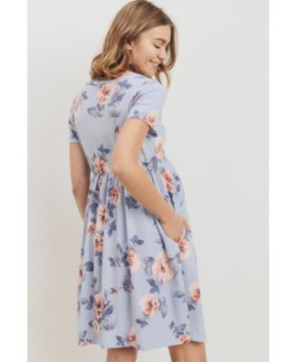 Maternity Floral Print Empire Waist Short Sleeve Knit Dress with Pockets