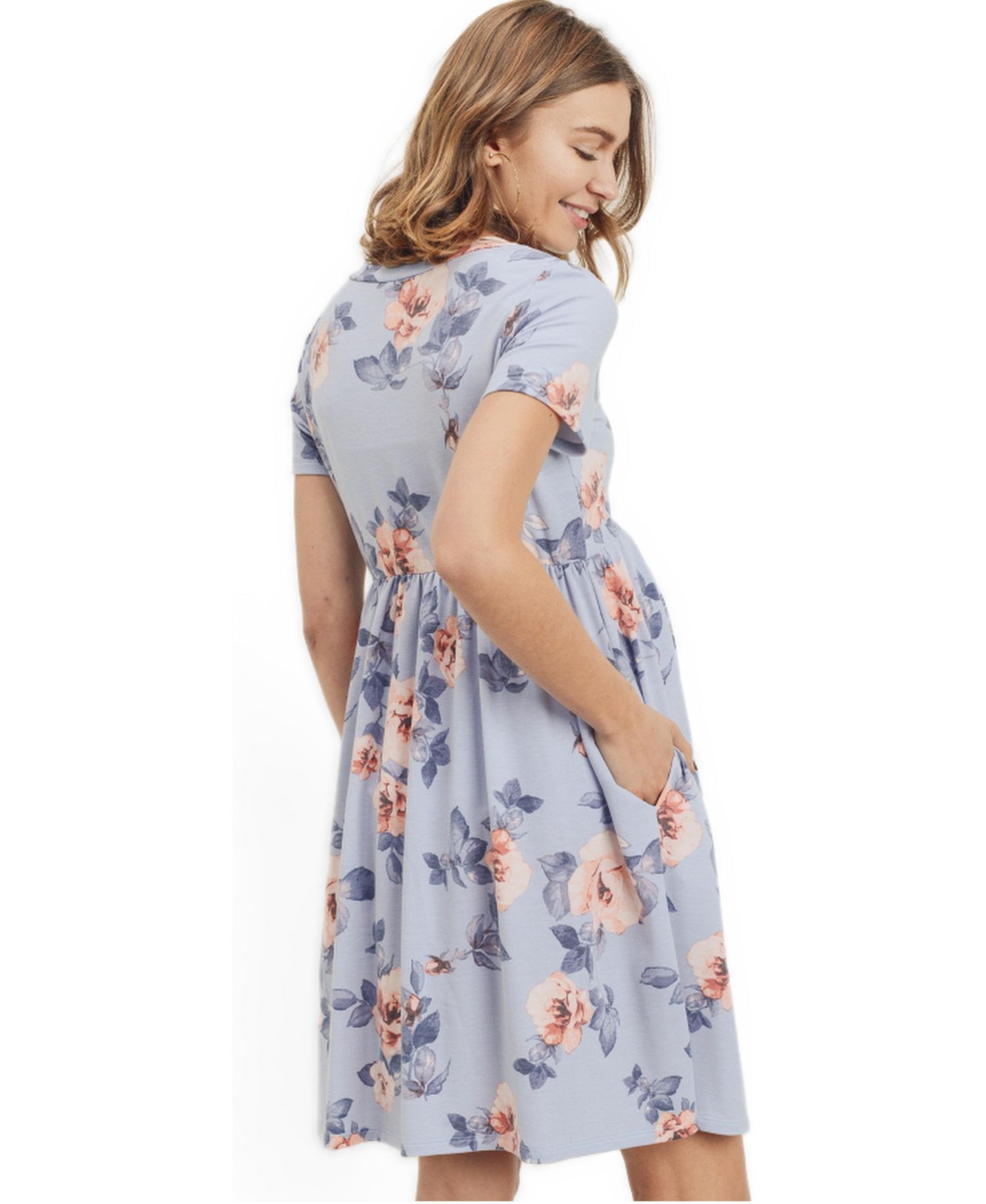 Women's Floral Print Empire Waist Short Sleeve Knit Dress with Pockets