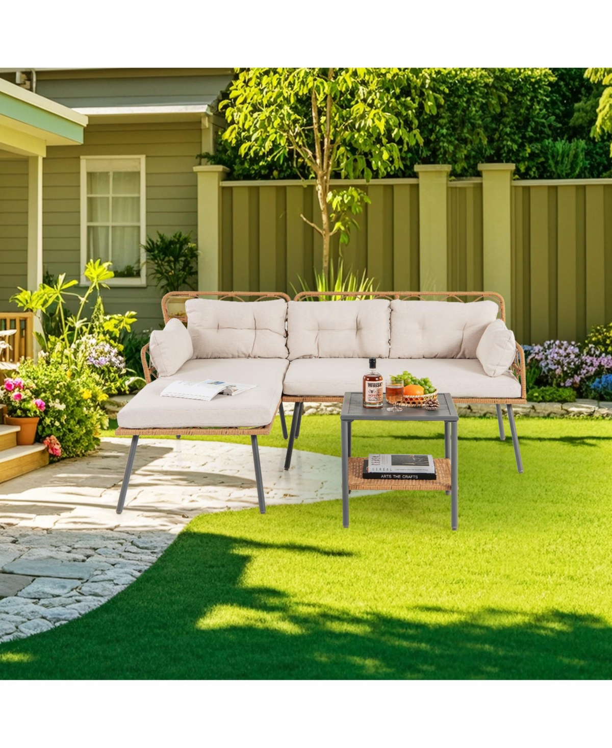 Sugift 3 Piece Corner Patio Furniture Set with Small Coffee Table