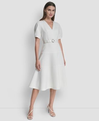 Women's Puff Short-Sleeve V-Neck Midi Dress