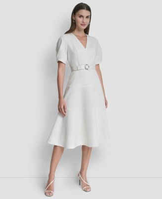 knee length dresses for ladies V-Neck Floral Puff Sleeve Tiered Midi Dress – English Factory main image 1